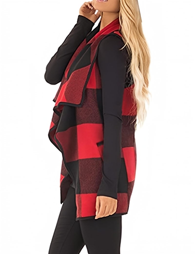 Unidear Womens buffalo Plaid Vest Casual Lapel Open Front Sleeveless Cardigan Jacket Coat Outfits with Pockets Red and Black L - Image 3